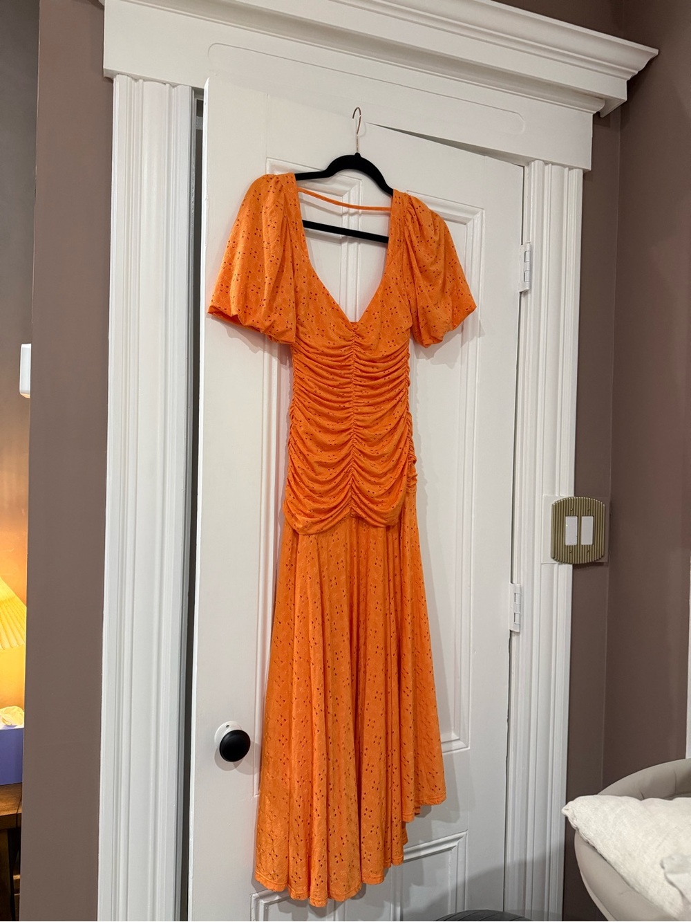NWT ASOS DESIGN Puff Sleeve Ruched Eyelet corset Top Midi dress orange us size 4 - Picture 3 of 6